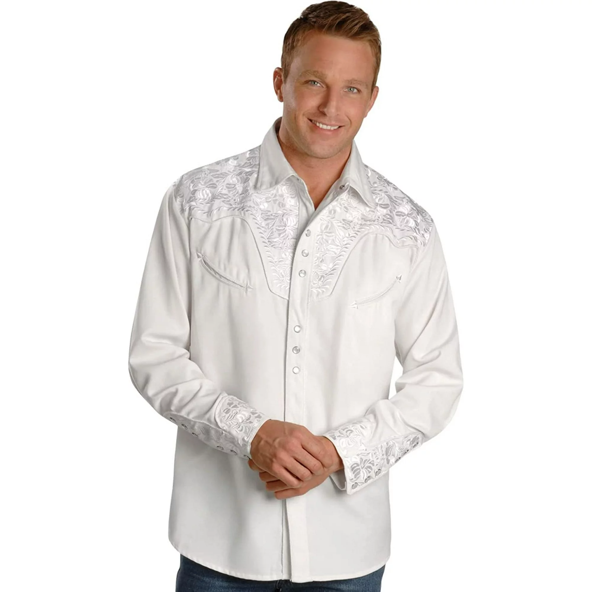 Camisa Scully Modelo P-634 Blanco Floral Tooled Embroidered