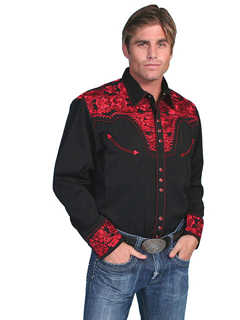 Camisa Scully Modelo P-634 Negro con Rojo Floral Tooled Embroidered