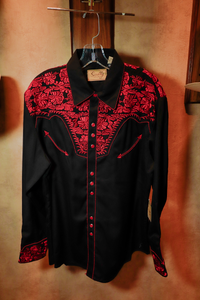 Camisa Scully Modelo P-634 Negro con Rojo Floral Tooled Embroidered