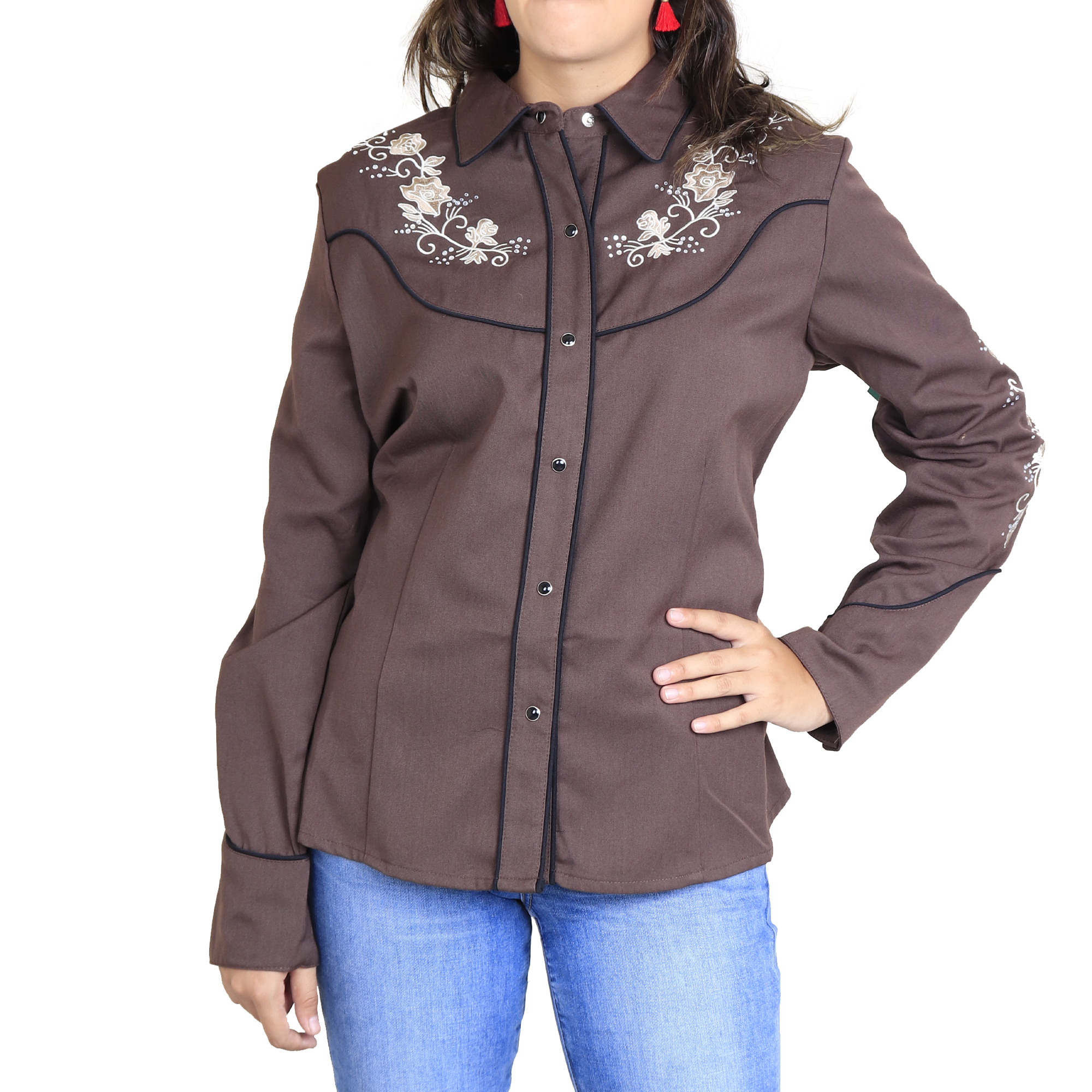 Camisa Scully Café Floral Tooled Embroidered